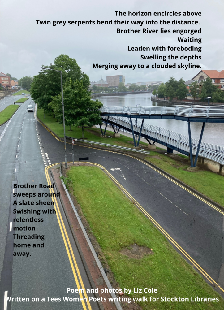 A photo of the river Tees seen from a footbridge over a dual carriageway - both road and river are visible. The day is grey and misty. The poem reads: The horizon encircles above. twin serpents bend their way into the distance. Brother river lies engorged, waiting, leaden with foreboding, swelling the depths, Merging away to a clouded skyline. Brother Road sweeps around, a slate sheen swishing with relentless motion, threading home and away. Poem by Liz Cole